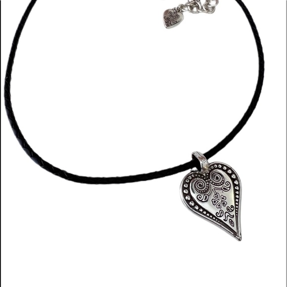 BRIGHTON Heart Necklace - Black Leather Cord 16.5”-18” silver plated heart. - Picture 3 of 5